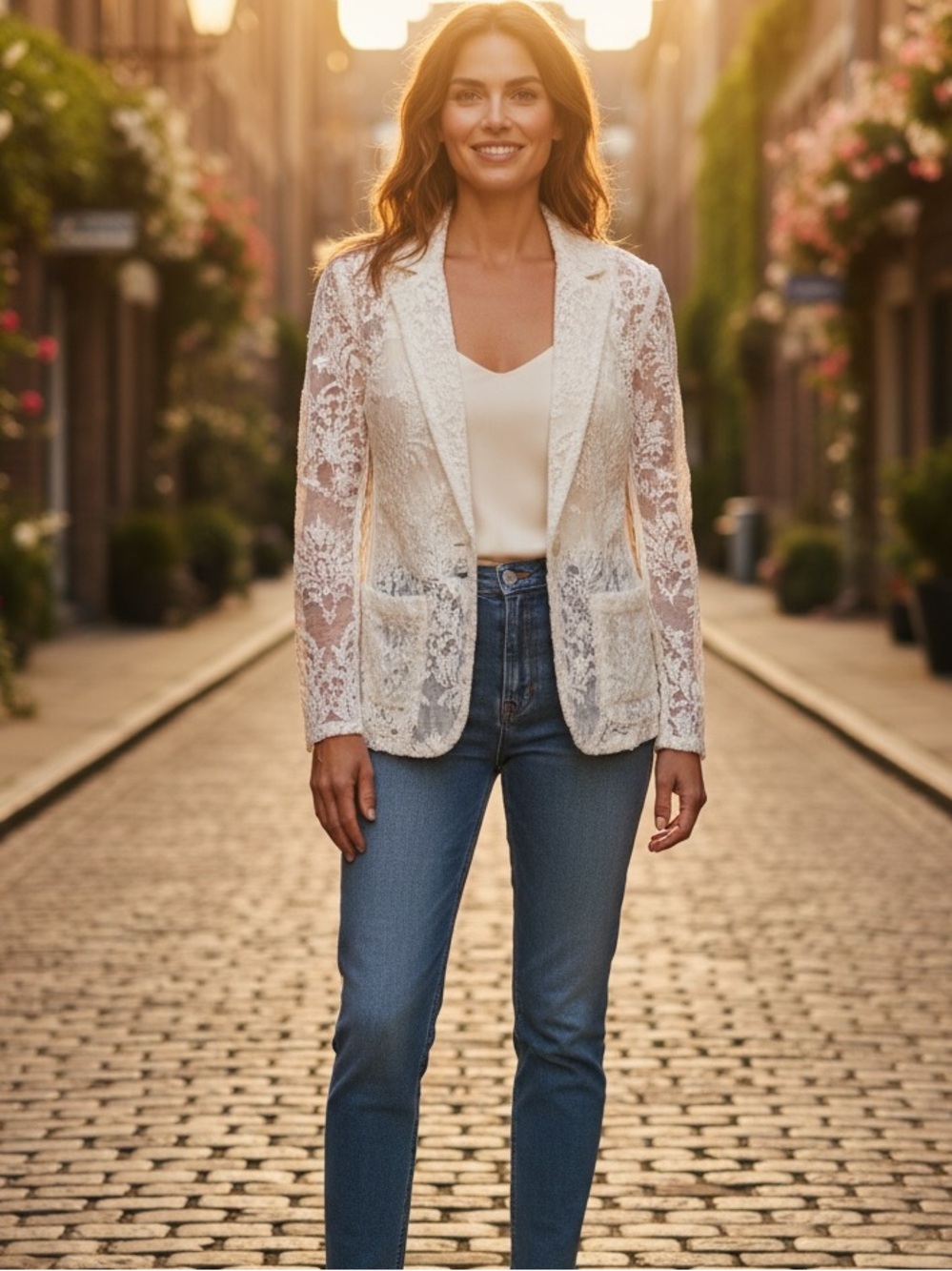 NANETTE LEPORE WHITE LACE EMBROIDERED ONE BUTTON BLAZER JACKET VRY GD COND 6